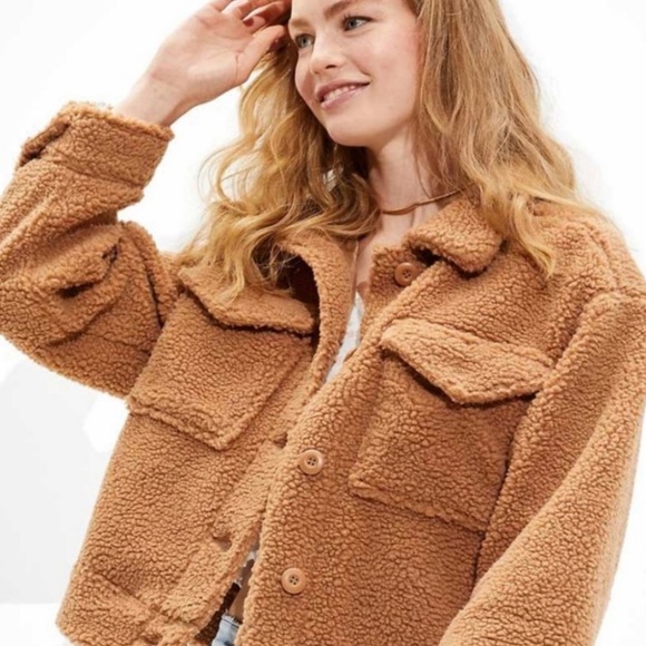 American Eagle Jacket Women’s Large Camel Teddy Cropped Sherpa Button Up Fall L - Picture 5 of 6